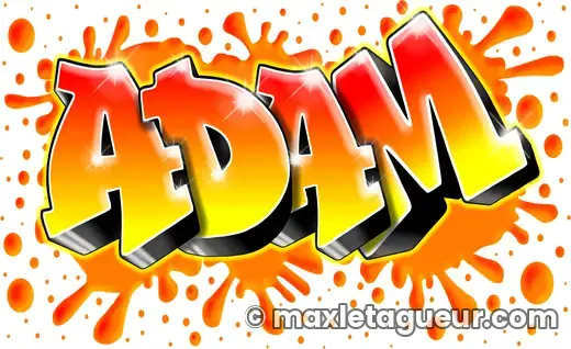 Graffiti prénom Adam orange et jaune – lettrage graffiti – style 3 – Max Le Tagueur – 2019