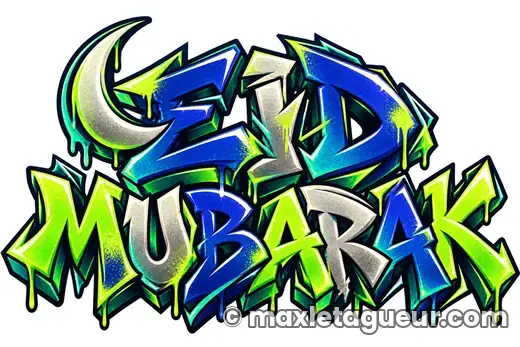 Graffiti Eid Mubarak vert et noir – lettrage graffiti – style 2 – Max Le Tagueur – 2026