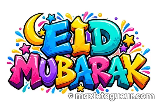 Graffiti Eid Mubarak turquoise et jaune – lettrage graffiti – Max Le Tagueur – 2026