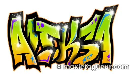 Graffiti prénom Aleksa noir et jaune – lettrage graffiti – style 2 – Max Le Tagueur – 2021