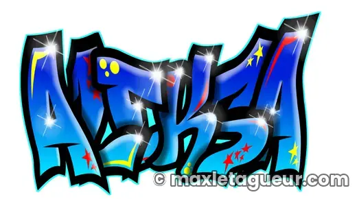 Graffiti prénom Aleksa bleu et noir – lettrage graffiti – style 3 – Max Le Tagueur – 2021