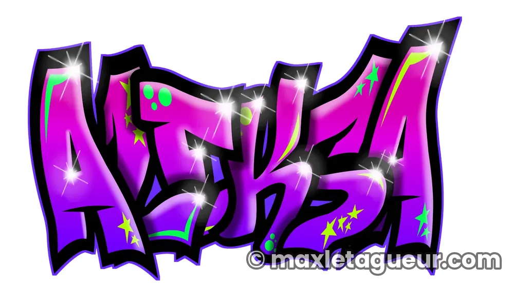 Graffiti prénom Aleksa violet et noir – lettrage graffiti – Max Le Tagueur – 2021