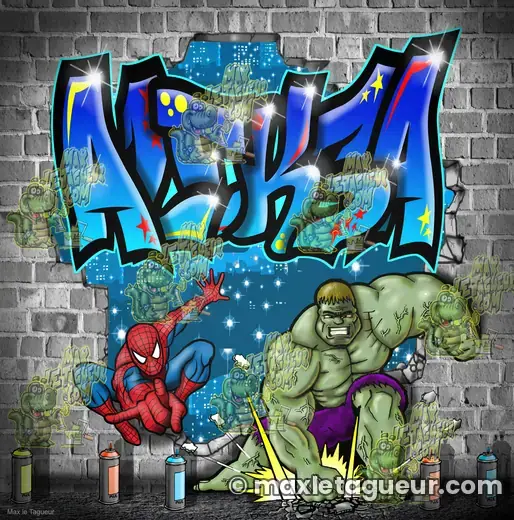 Graffiti prénom Aleksa gris et turquoise – graffiti personnalisé en situation – style 4 – Max Le Tagueur
