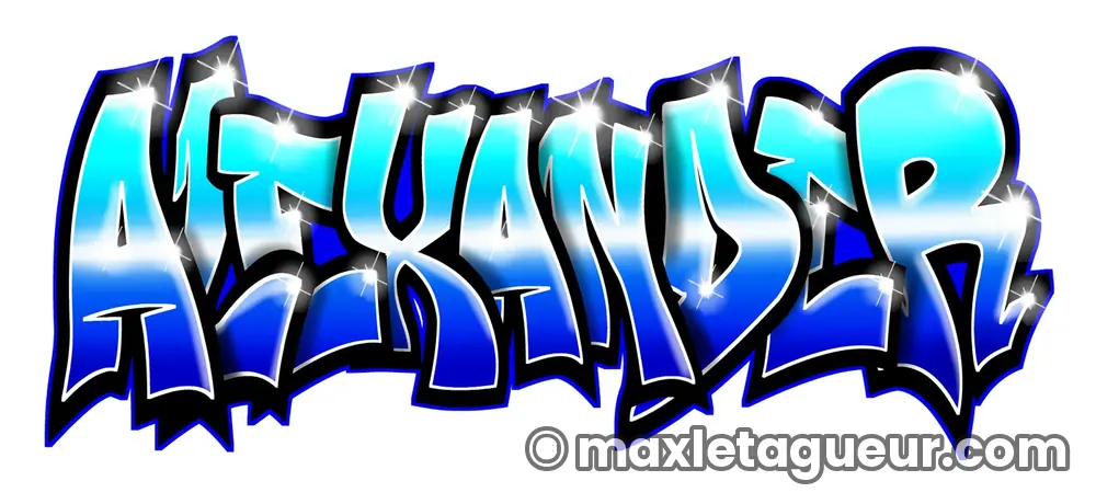 Graffiti prénom Alexander bleu et turquoise – lettrage graffiti – Max Le Tagueur – 2020