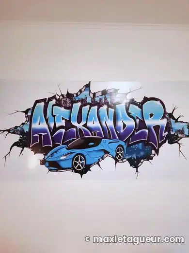 Graffiti prénom Alexander gris et bleu – graffiti personnalisé en situation – style 4 – Max Le Tagueur