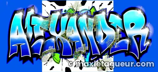 Graffiti prénom Alexander bleu et turquoise – graffiti personnalisé en situation – style 3 – Max Le Tagueur