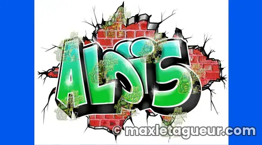Graffiti prénom Aloïs bleu et vert – graffiti personnalisé en situation – style 4 – Max Le Tagueur