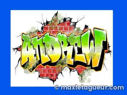 Graffiti prénom Andrew bleu et vert – graffiti personnalisé en situation – style 3 – Max Le Tagueur