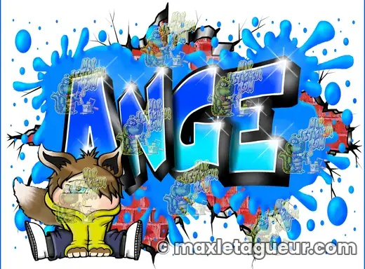 Graffiti prénom Ange bleu et gris – graffiti personnalisé en situation – style 2 – Max Le Tagueur