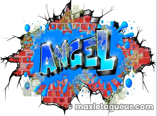 Graffiti prénom Angel bleu et gris – graffiti personnalisé en situation – style 3 – Max Le Tagueur