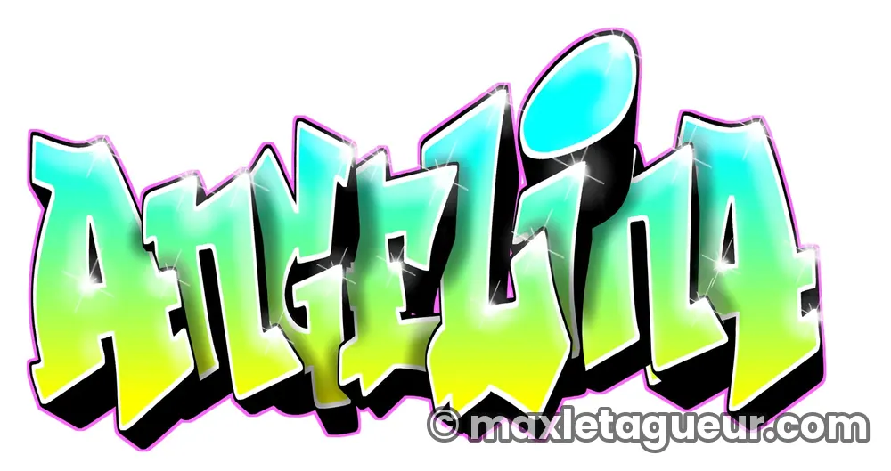 Graffiti prénom Angelina vert et turquoise – lettrage graffiti – Max Le Tagueur – 2019