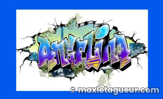 Graffiti prénom Angelina bleu et gris – graffiti personnalisé en situation – style 3 – Max Le Tagueur – 2019