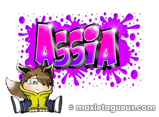 Graffiti prénom Assia rose et violet – lettrage graffiti – style 3 – Max Le Tagueur – 2019