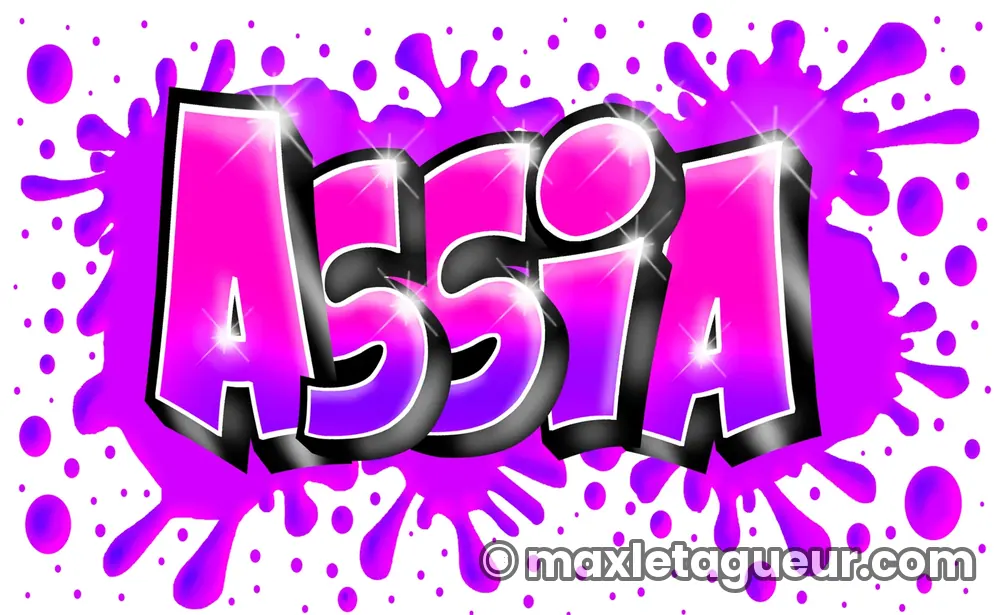 Graffiti prénom Assia rose et violet – lettrage graffiti – Max Le Tagueur – 2019