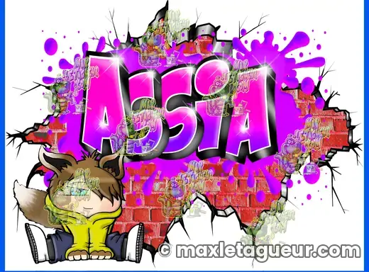 Graffiti prénom Assia rose et gris – graffiti personnalisé en situation – style 4 – Max Le Tagueur