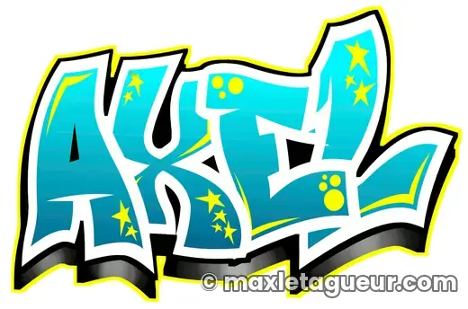 Graffiti prénom Axel turquoise et jaune – lettrage graffiti – style 2 – Max Le Tagueur – 2018