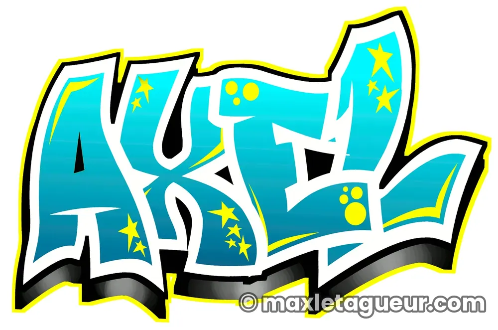 Graffiti prénom Axel turquoise et jaune – lettrage graffiti – Max Le Tagueur – 2018