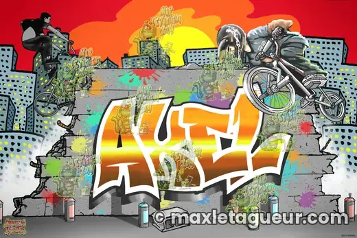 Graffiti prénom Axel gris et orange – graffiti personnalisé en situation – style 3 – Max Le Tagueur – 2018