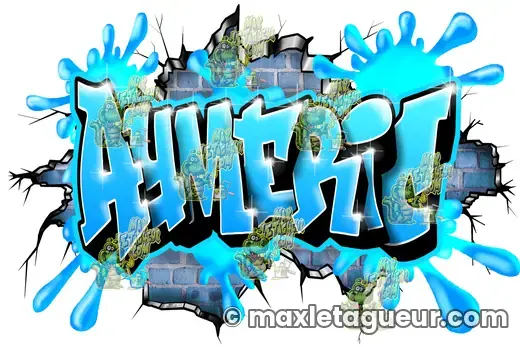 Graffiti prénom Aymeric turquoise et gris – graffiti personnalisé en situation – style 4 – Max Le Tagueur