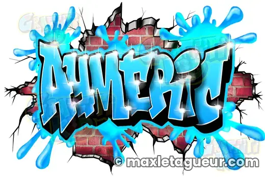 Graffiti prénom Aymeric turquoise et gris – graffiti personnalisé en situation – style 5 – Max Le Tagueur