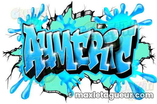 Graffiti prénom Aymeric turquoise et gris – graffiti personnalisé en situation – style 6 – Max Le Tagueur