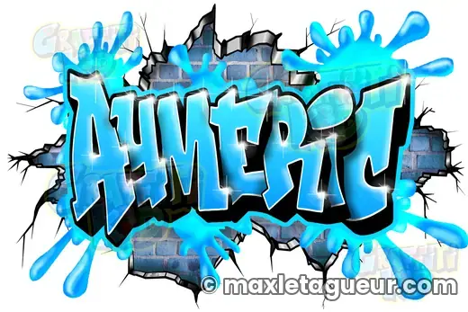Graffiti prénom Aymeric turquoise et bleu – graffiti personnalisé en situation – style 3 – Max Le Tagueur