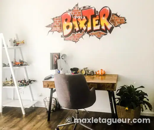 Graffiti prénom Baxter orange et gris – sticker graffiti – style 5 – Max Le Tagueur