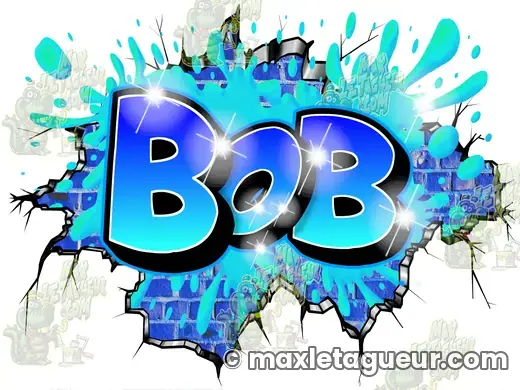 Graffiti blaze Bob turquoise et bleu – graffiti personnalisé en situation – style 3 – Max Le Tagueur