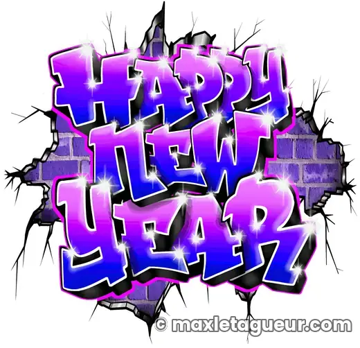 Graffiti Bonne année violet et gris – lettrage graffiti – style 2 – Max Le Tagueur