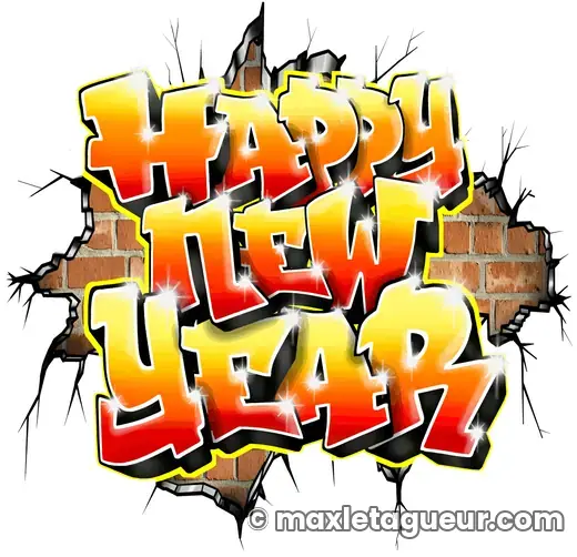 Graffiti Bonne année jaune et orange – lettrage graffiti – style 3 – Max Le Tagueur