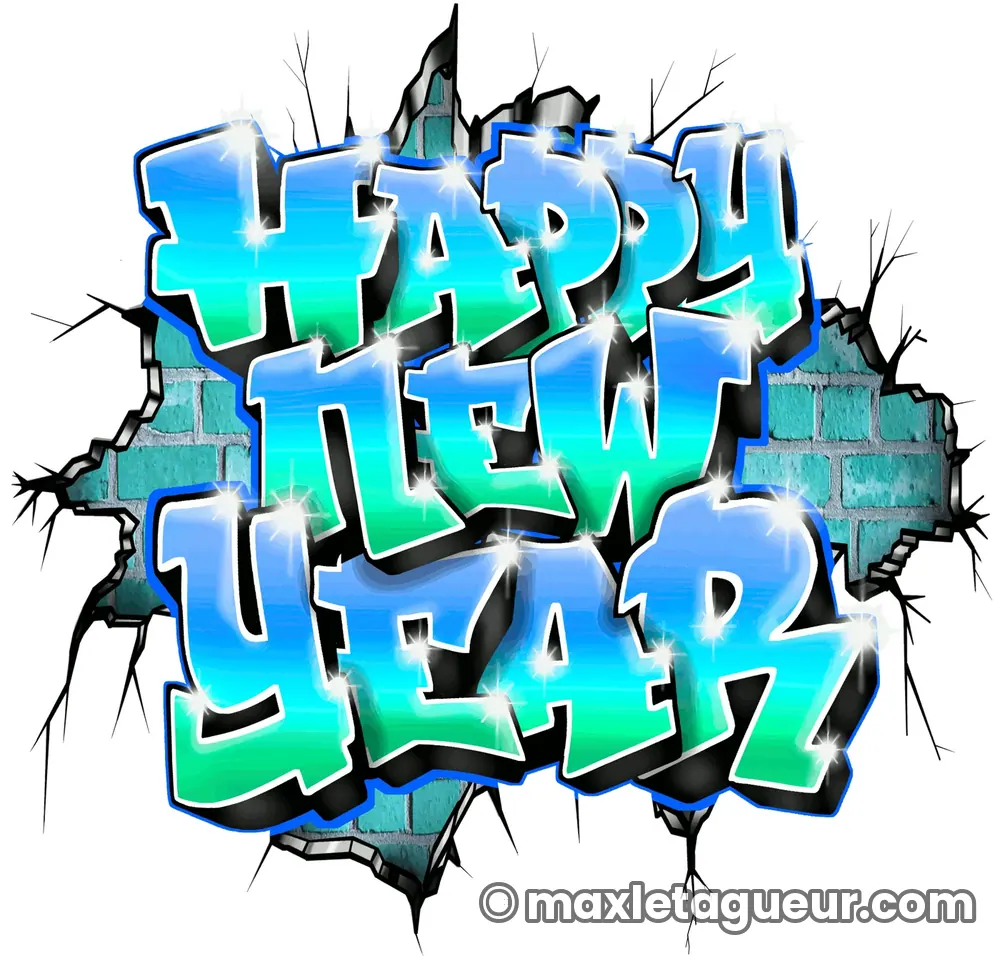 Graffiti Bonne année turquoise et bleu – lettrage graffiti – Max Le Tagueur