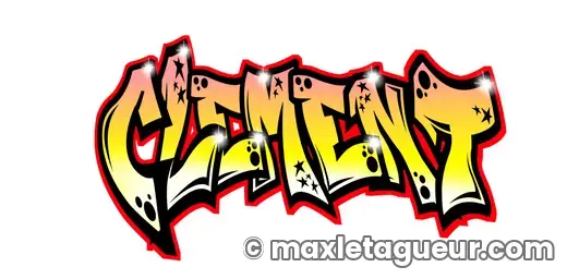 Graffiti prénom Clément jaune et rouge – lettrage graffiti – style 3 – Max Le Tagueur – 2021