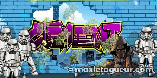 Graffiti prénom Clément bleu et gris – graffiti personnalisé en situation – style 5 – Max Le Tagueur – 2017