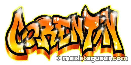 Graffiti prénom Corentin orange et jaune – lettrage graffiti – style 2 – Max Le Tagueur – 2018