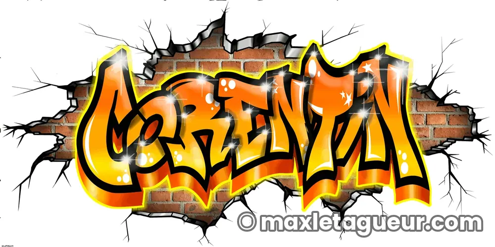 Graffiti prénom Corentin orange et jaune – lettrage graffiti – Max Le Tagueur – 2018