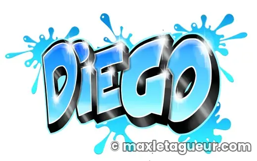 Graffiti prénom Diego turquoise et bleu – lettrage graffiti – Max Le Tagueur