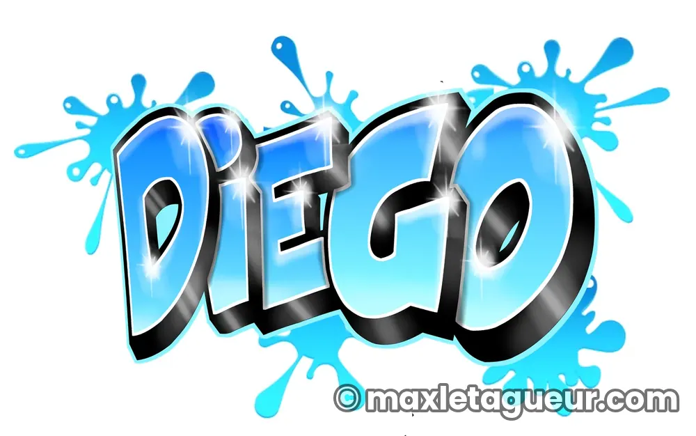 Graffiti prénom Diego turquoise et bleu – lettrage graffiti – Max Le Tagueur