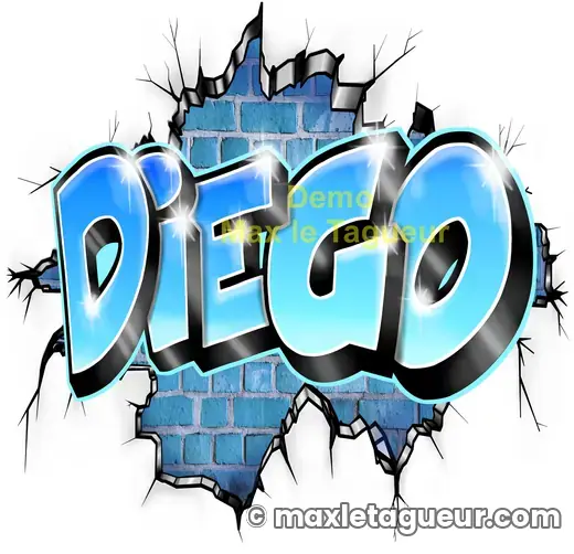 Graffiti prénom Diego bleu et turquoise – graffiti personnalisé en situation – style 7 – Max Le Tagueur – 2019