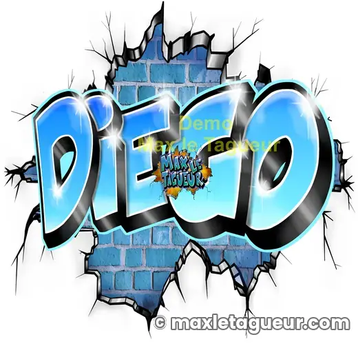 Graffiti prénom Diego bleu et turquoise – graffiti personnalisé en situation – style 6 – Max Le Tagueur – 2019