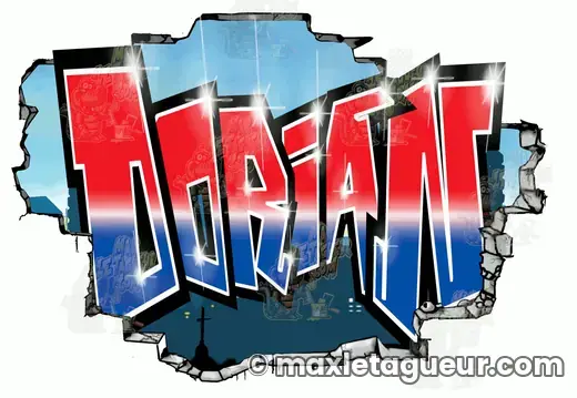 Graffiti prénom Dorian rouge et gris – graffiti personnalisé en situation – style 7 – Max Le Tagueur