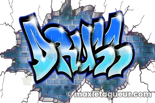 Graffiti blaze Druss bleu et gris – graffiti personnalisé en situation – style 3 – Max Le Tagueur