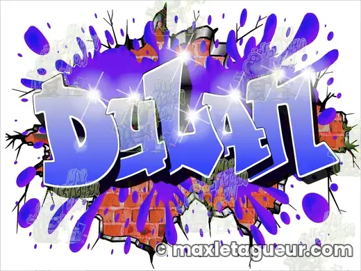 Graffiti prénom Dylan bleu et violet – graffiti personnalisé en situation – style 6 – Max Le Tagueur