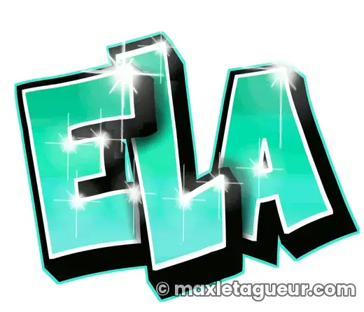 Graffiti prénom Ela turquoise et noir – lettrage graffiti – Max Le Tagueur – 2018