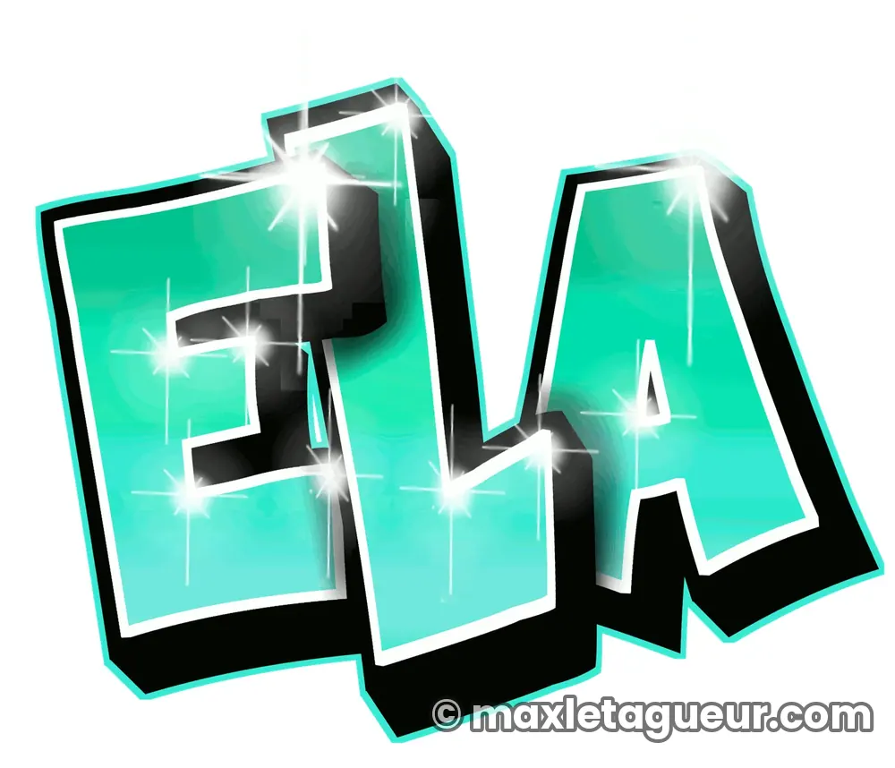 Graffiti prénom Ela turquoise et noir – lettrage graffiti – Max Le Tagueur – 2018