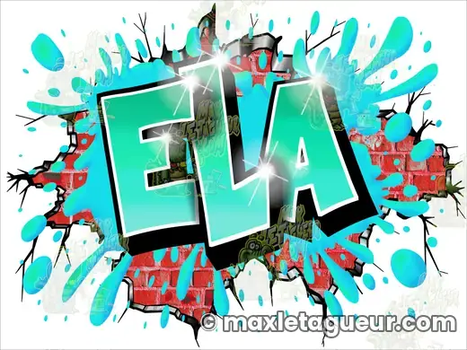 Graffiti prénom Ela turquoise et gris – graffiti personnalisé en situation – style 7 – Max Le Tagueur