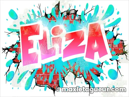 Graffiti prénom Eliza turquoise et rouge – graffiti personnalisé en situation – style 6 – Max Le Tagueur