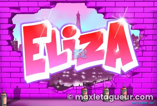 Graffiti prénom Eliza rose et rouge – graffiti personnalisé en situation – style 5 – Max Le Tagueur – 2018