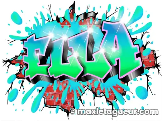 Graffiti prénom Ella turquoise et gris – lettrage graffiti – Max Le Tagueur