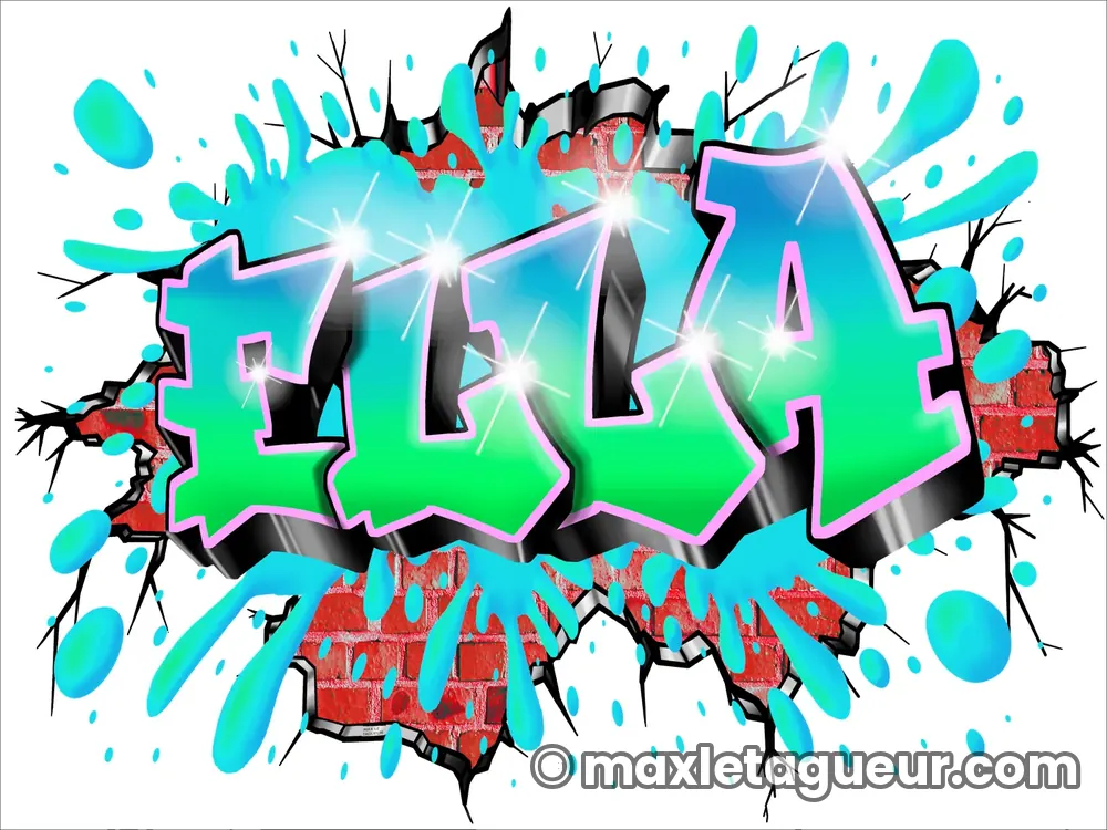 Graffiti prénom Ella turquoise et gris – lettrage graffiti – Max Le Tagueur