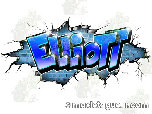 Graffiti prénom Elliott bleu et gris – graffiti personnalisé en situation – style 6 – Max Le Tagueur